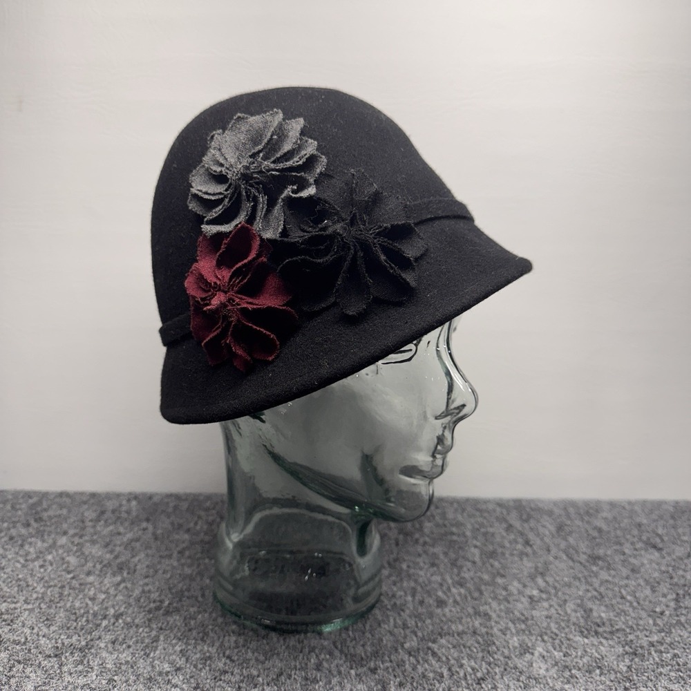 Scala Pronto Cloche Hat Womens OS‎ Black Wool Felt Floral Applique Vintage Style